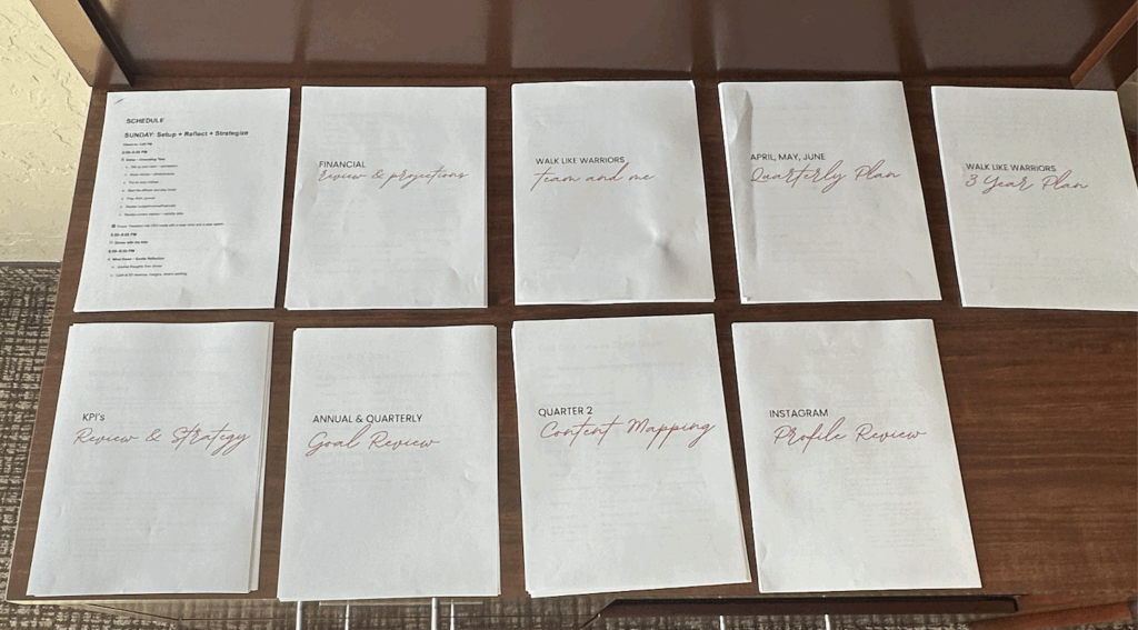 Picture of pages and packets spread across a desk for a small business owner's quarterly planning retreat